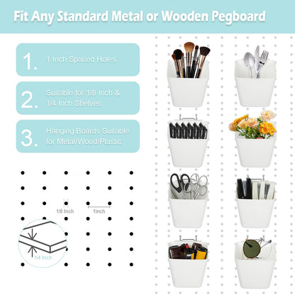 FIMXSD 8 Pack Large Pegboard Bins with Hooks, Square Box Shape Peg Board Cups and Peg Board Accessories for Craft Room, Playroom, Office, Garage, and Wall Mount Organization (White)