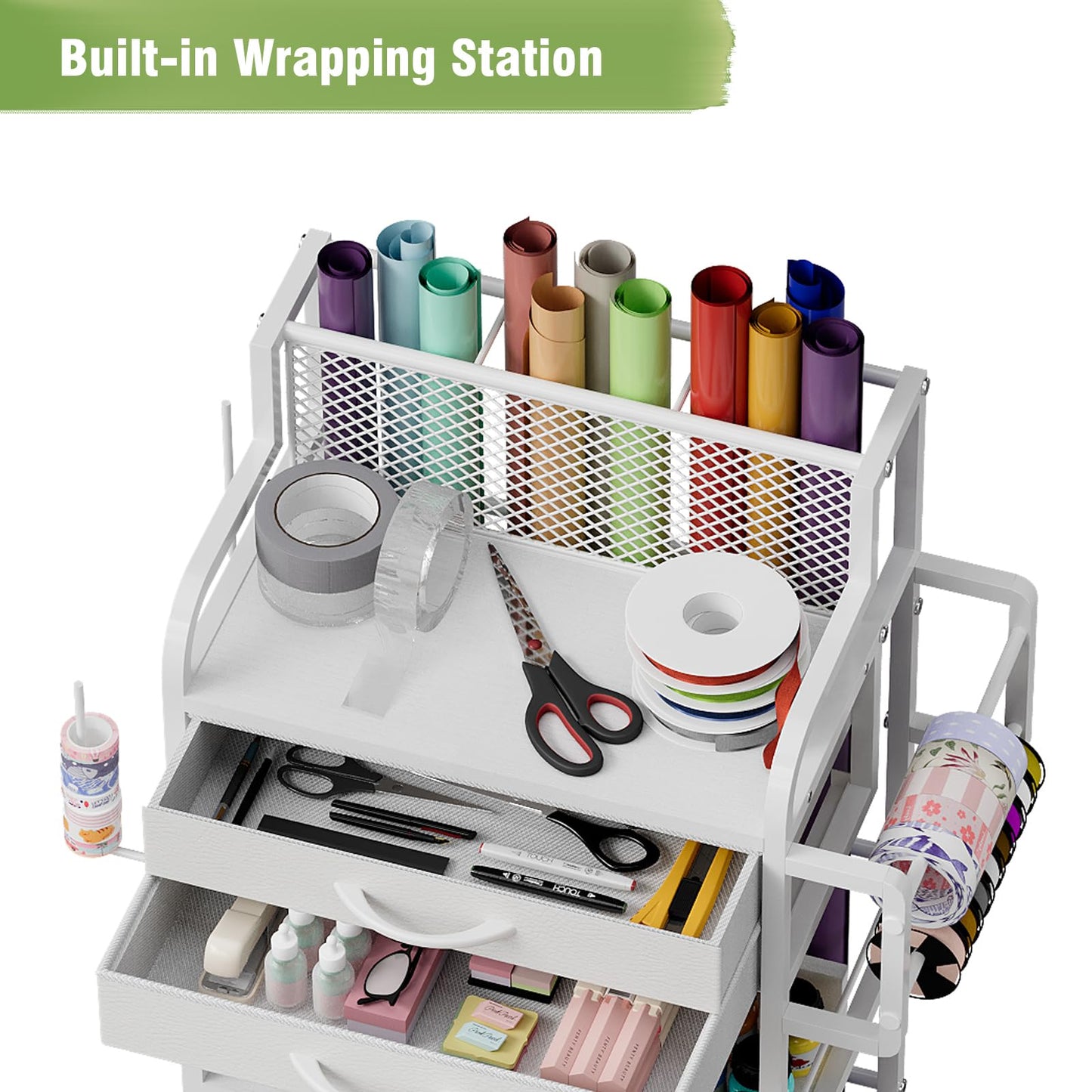 Rolling Craft Storage Cart with 2 Fabric Drawers & Lockable Wheels, Wrapping Paper & Gift Wrap Organizer with Ribbon & Tape Holder for Craft Supplies