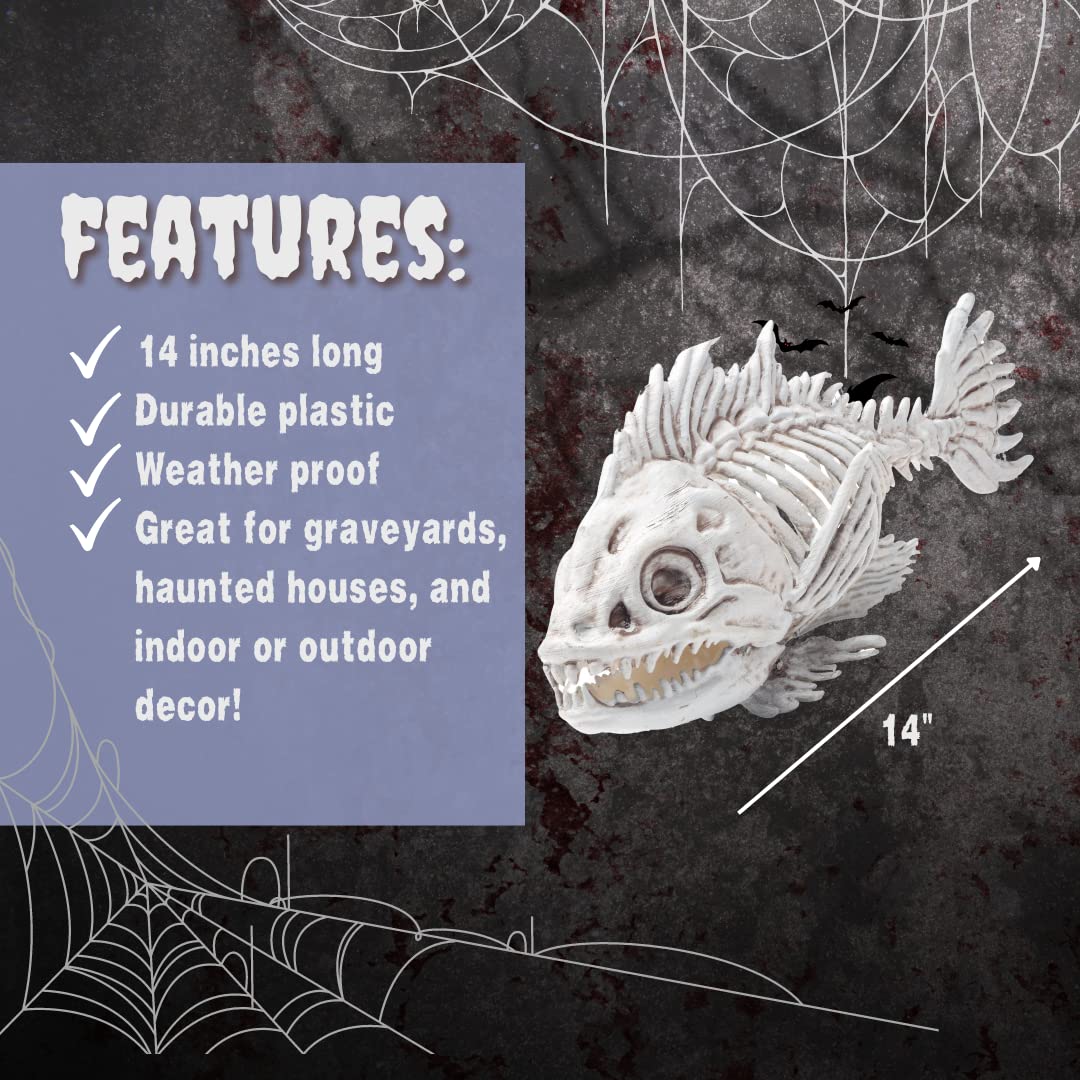 SCS Direct Piranha Fish Skeleton Halloween Decoration (2 Pack) 10" Long - Weather Resistant for Indoor/Outdoor - Upgrade Your Fall Graveyard Haunted House Party Props, Trick-or-Treat Decor