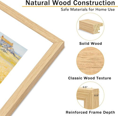 JCJMY 11x14 Picture Frame Set of 4 - Solid Wood with Shatter-Resistant Plexiglass | Natural Finish