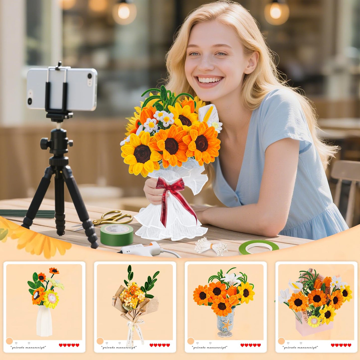 SZXYMUQI 500pcs Pipe Cleaners Craft Kit for Flower Making Sunflower DIY Material Bundle with 20 Stems, 100 Stamens, Ribbon, Tulle, Glue Sticks All-in-One Chenille Stems Art Supplies for Adults Gift