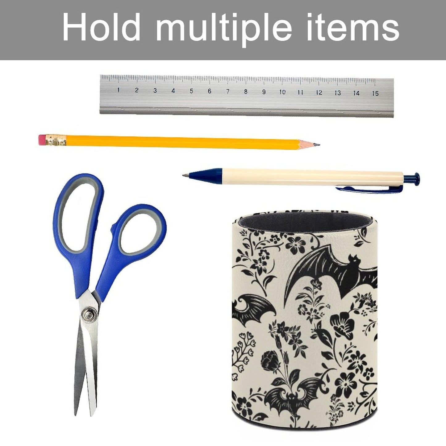 XUWU Gothic Bat Flowers Pen Holder Pencil Organizer Cute Pencil Cup Desk Decor Makeup Brush Holder PU Multifunctional Office Suppliesfor Home Classroom School