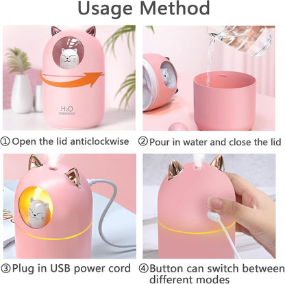 Small Humidifier, Cute Portable Cool Mist with 6 Pcs Humidifier Sticks, 7 Color Night Light