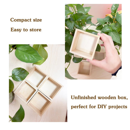 4 Pack Unfinished Wooden Craft Storage Organiser Boxes, 3.15 x 3.15 x 1.57 inch Square Rustic Small Wooden Box, Rustic Natural Wood Container Box for Home Decor, Desktop Drawer Organizer