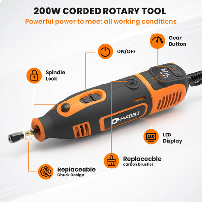 HARDELL 200W Corded Rotary Tool Kit with Fine Speed Control & Flex Shaft 8000-40000 RPM Digital Display, 155Pcs Accessories for Crafting, Cutting, Sanding, Polishing, Drilling, Carving, DIY Projects