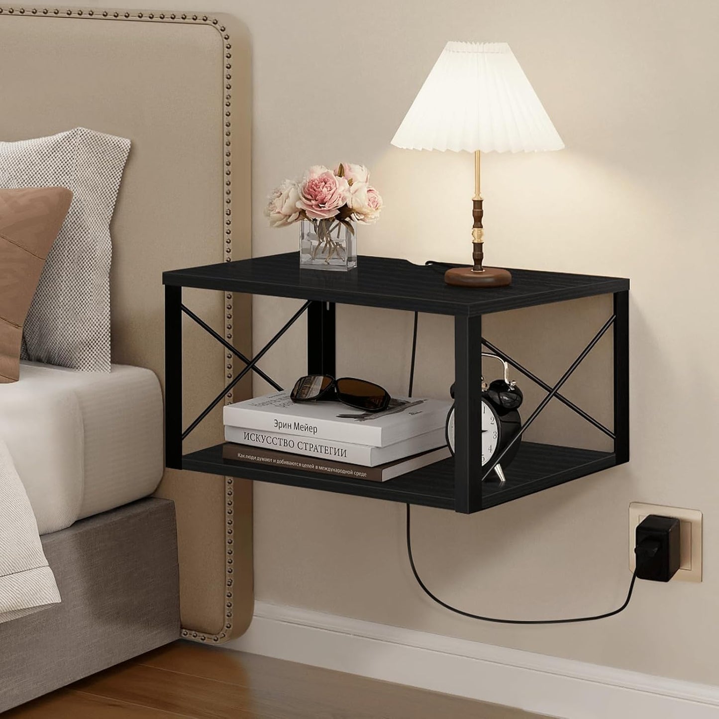 2 Homode Floating Nightstand, Tier Wall Mounted Nightstand with Cable Hole, Wooden Floating Bedside Table, Bedside Wall