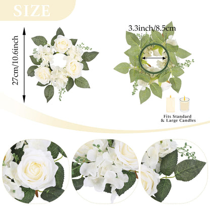 UUXX 4PCS Candle Rings, Floral Candle Wreath Rings, Silk Roses Hydrangea Flowers Candle Wreaths Rings for Table Centerpieces Wedding Valentine's Day Party Decor (Cream White)