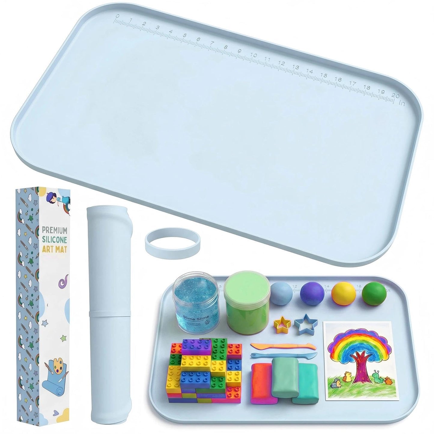 AWOKE 24"x16" Silicone Mats for Crafts with 0.7" High Edges, Large Leak-Proof Art Mat for Resin, Painting, Clay, Slime, Non-Stick & Non-Slip Table Protector for Kids & Adults, Easy to Clean (Blue)