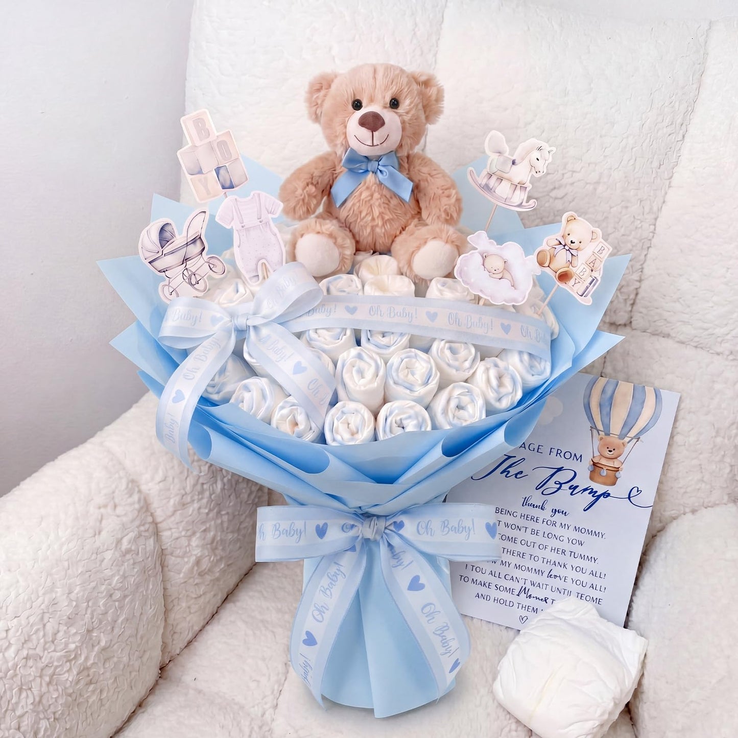 Pinkunn 66pcs Teddy Bear Bouquet DIY Kit Accessory New Mom Gift Newborn Gender Reveal Baby Shower Supplies Flower Making Essentials Decorations with Teddy Bear Light Blue Ribbon Wrapping Paper Cards