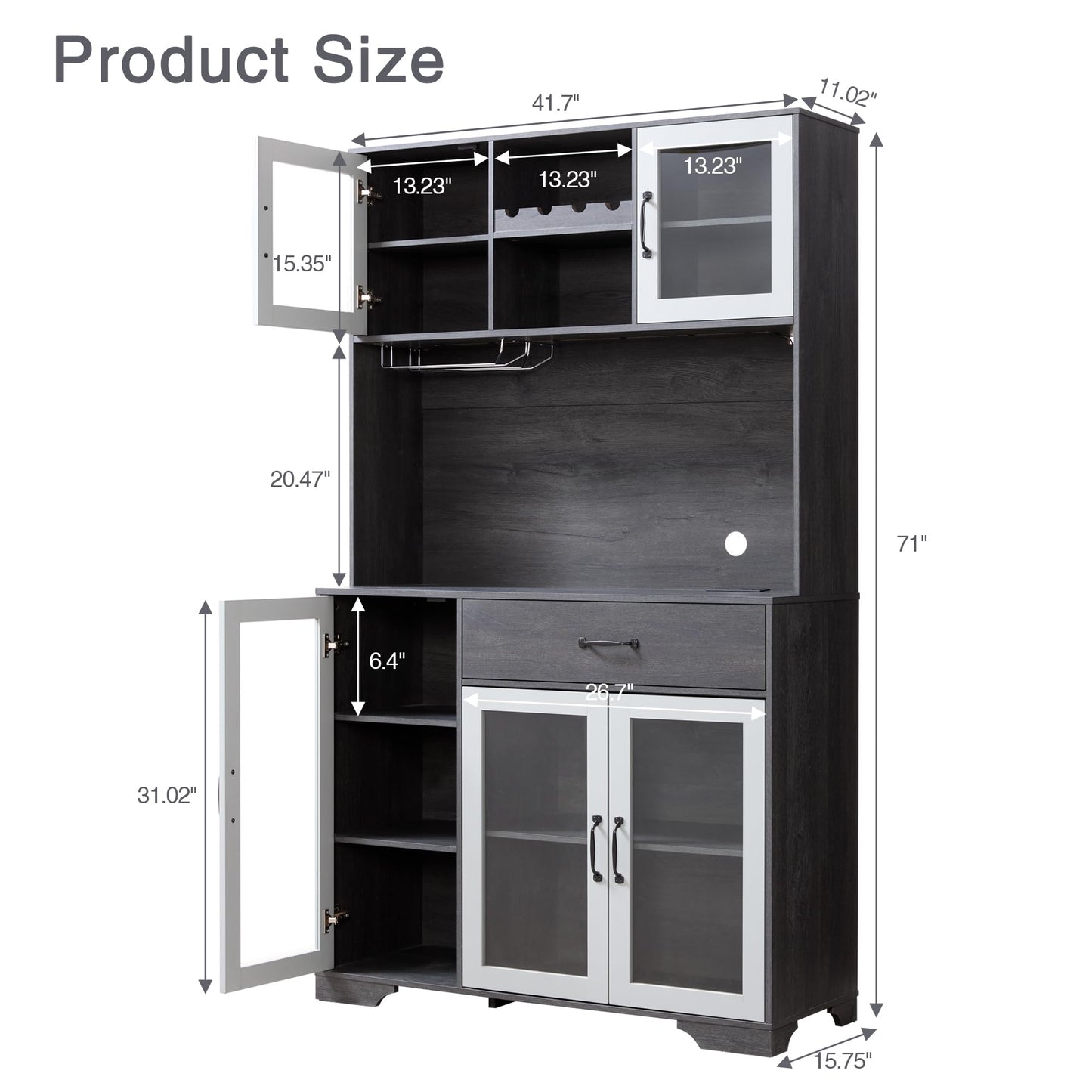 Fatmok 71" Tall Pantry Cabinet with Glass Doors, Kitchen Hutch Storage Cabinet, Coffee Bar & Liquor Cabinet with Charging Station & LED Lights, Wine Rack, Adjustable Shelves＆Large Drawer, Grey