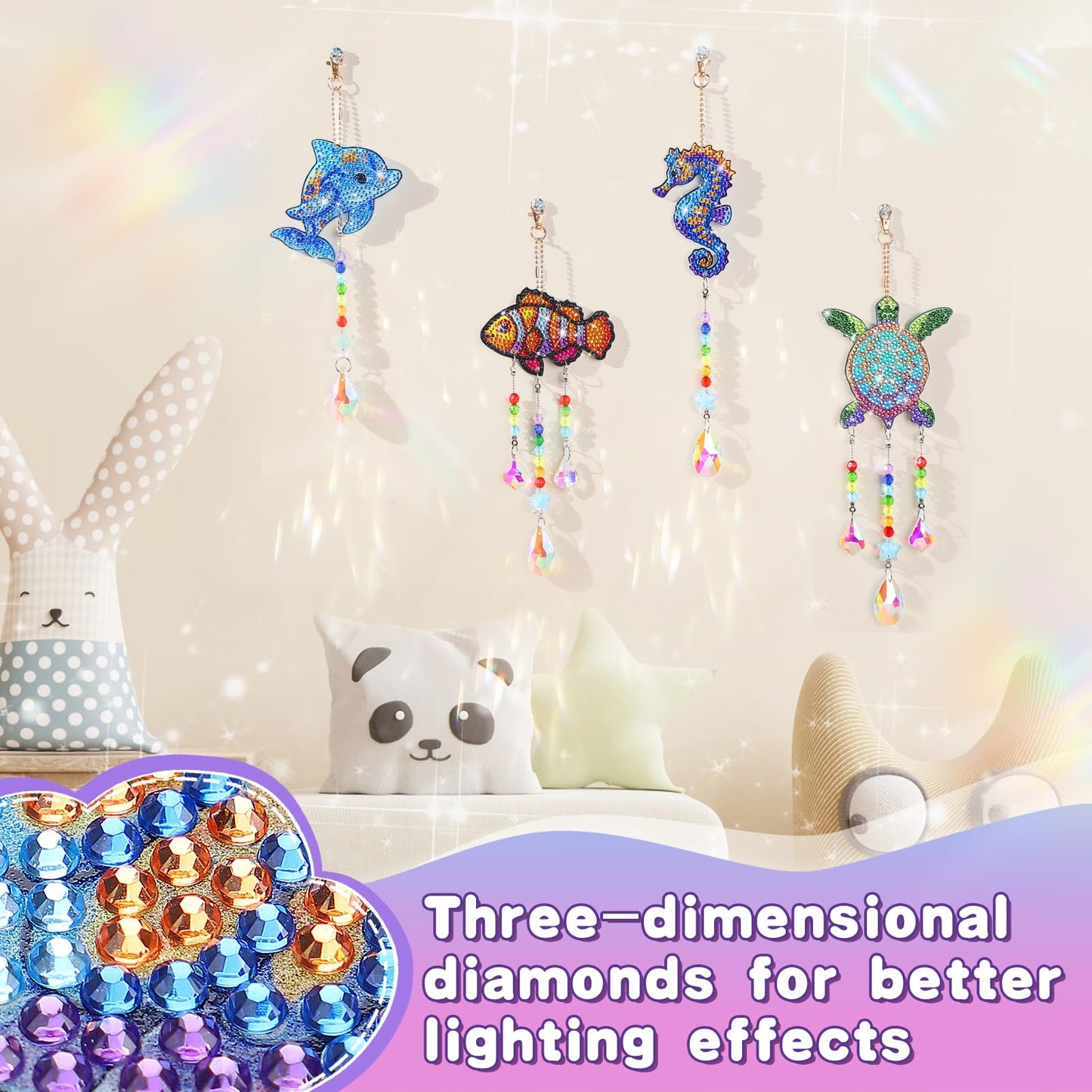 Diamond Art Kits for Kids - Crafts Gifts for Girls 8-12, 4 Pcs Double Sided Sea Animal Style Wind Chime, Hanging Crystal Rhinestone Painting Ornament