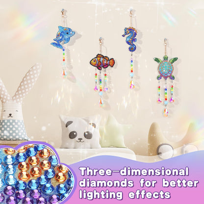 Diamond Art Kits for Kids - Crafts Gifts for Girls 8-12, 4 Pcs Double Sided Sea Animal Style Wind Chime, Hanging Crystal Rhinestone Painting Ornament