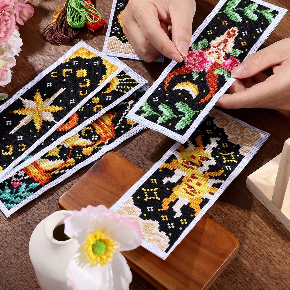 ORIGACH 6 Pcs Cross Stitch Bookmark Kit for Beginner Adults, Tarot The Sun and Star Stamped Embroidery Bookmark Kit with Instruction for Starters Printed Cross Stitch DIY Kits for Book Lovers