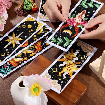 ORIGACH 6 Pcs Cross Stitch Bookmark Kit for Beginner Adults, Tarot The Sun and Star Stamped Embroidery Bookmark Kit with Instruction for Starters Printed Cross Stitch DIY Kits for Book Lovers