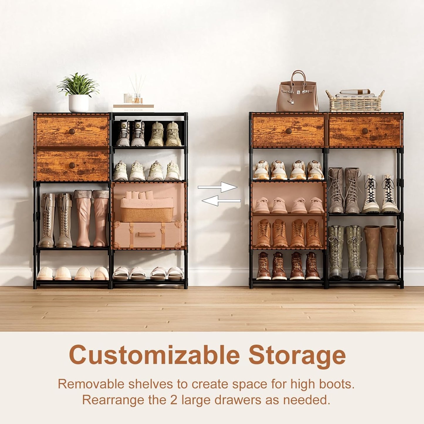 6 2 20-24 Closet Shoe Rack, Tier Shoe Rack Organizer with Large Drawers, Shoe Storage for Pairs, Sturdy Metal Shoe