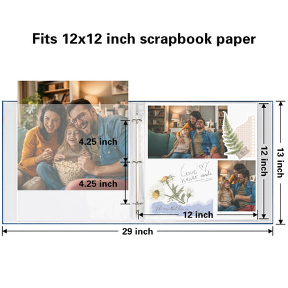 Vienrose 12x12 Inch Large 3 Ring Binder Scrapbook Photo Album, Linen Cover DIY Scrapbooks with 30 Sheets Plastic Sleeves 60 Pages Blank White Inner Pages for Wedding Birthday Baby Travel Blue
