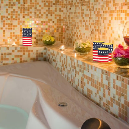 Merkmak American Flag Battery Operated Flameless Candles with Timer Remote 4 Pack Flickering LED Candles for Indoor Outdoor Coastal 4th of July Party Home Decorations