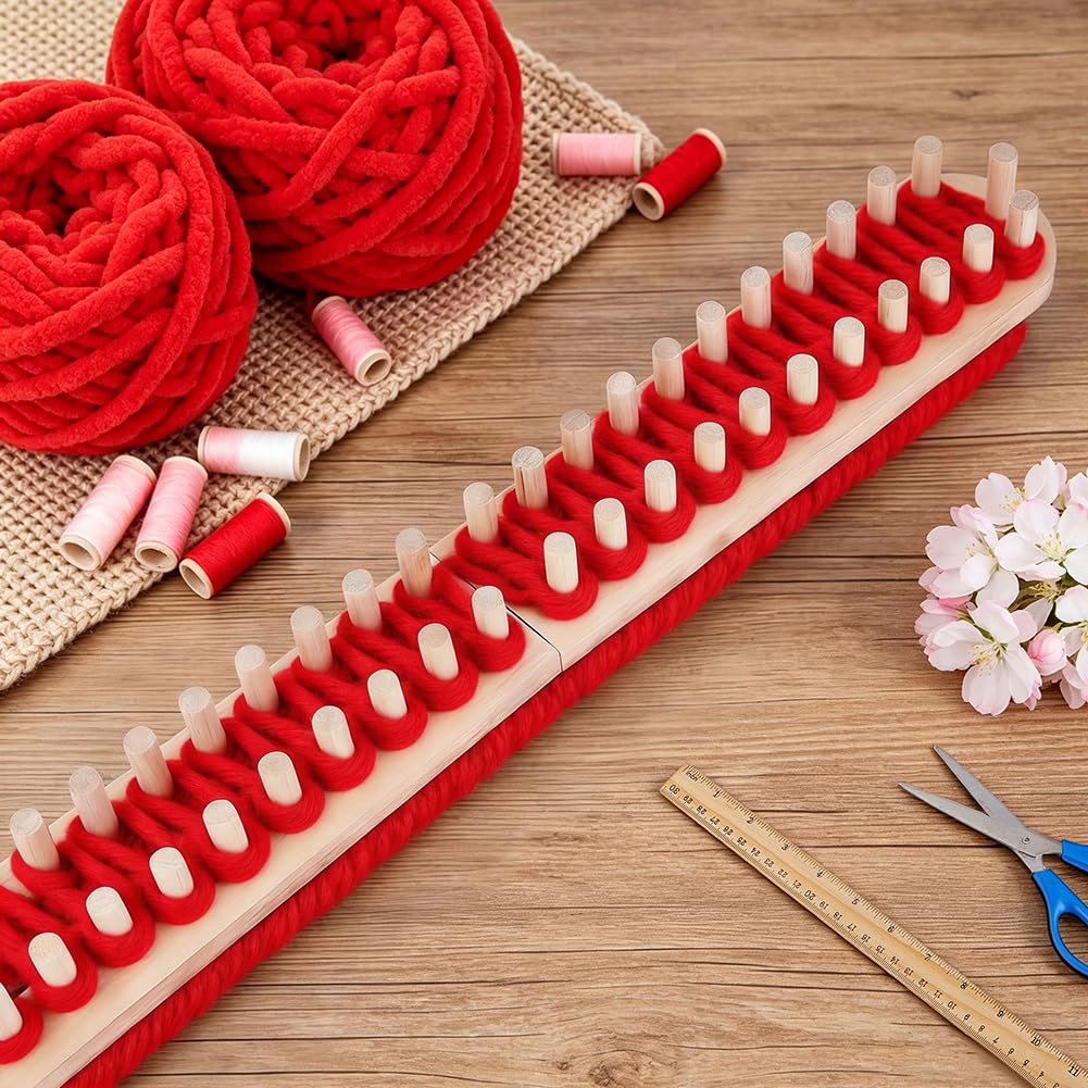 PH PandaHall 1.6m Chunky Blanket Loom Knitting Kit, Adjustable Size Hand Knitting Kit DIY Wooden Weaving Blanket Maker Yarn Crochet Loom Frame for DIY Hand Yarn Crafts Beginner