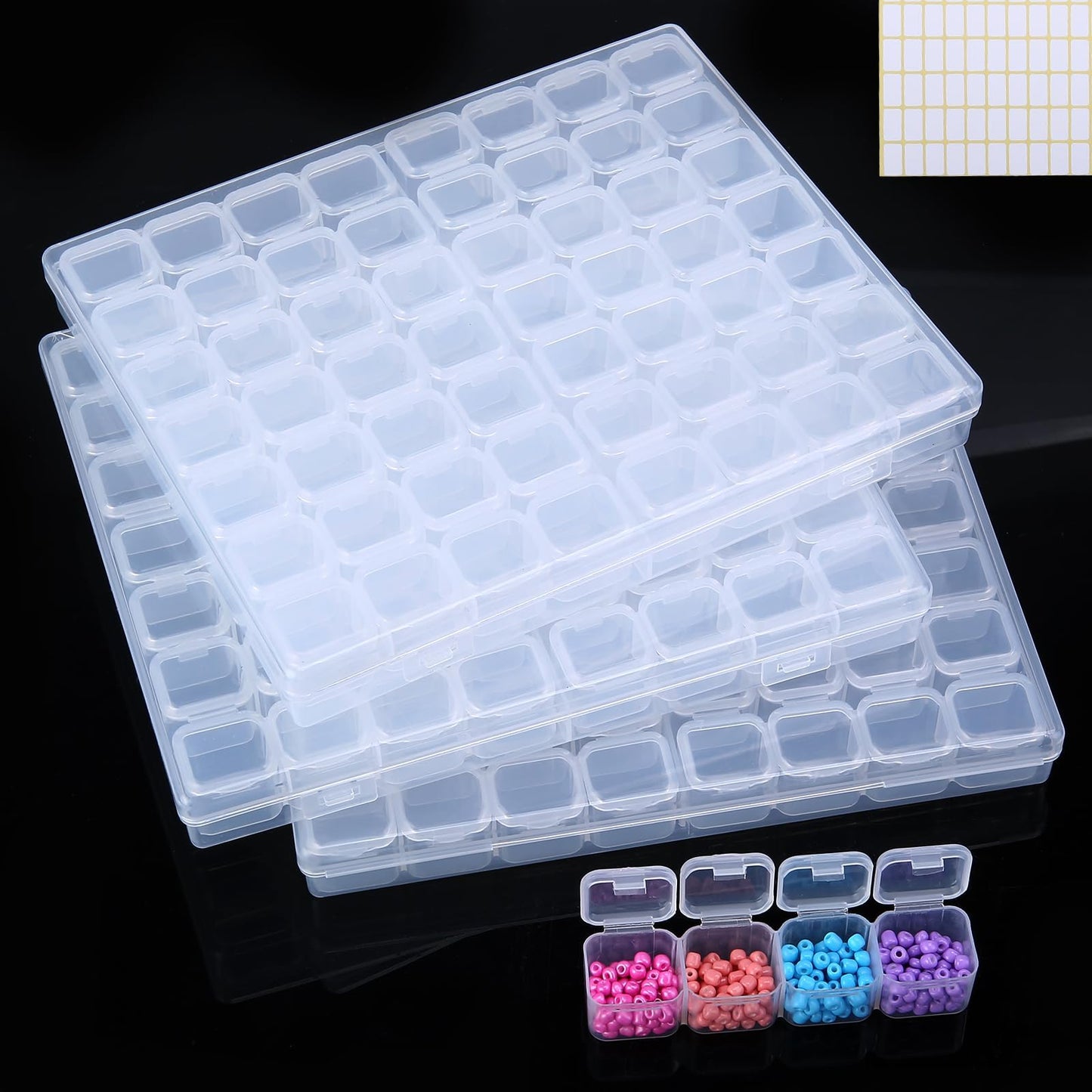 Megoogo 3 Pack 56 Grids Bead Organizer Storage Boxes, 168 Slots Diamond Art Painting Storage Containers with Movable Dividers, Clear Plastic Organizer Box with Labels for Crafts Supply Beads Buttons