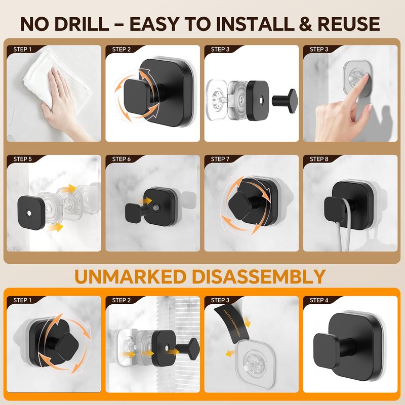 4 Pack Stainless Steel Suction Cup Hooks for Shower, Removable No Drill Towel Hooks for Bathroom Glass Door Mirror Tile, Waterproof Rustproof Suction Hooks for Loofah, Bath Robe, Coat, Matte Black