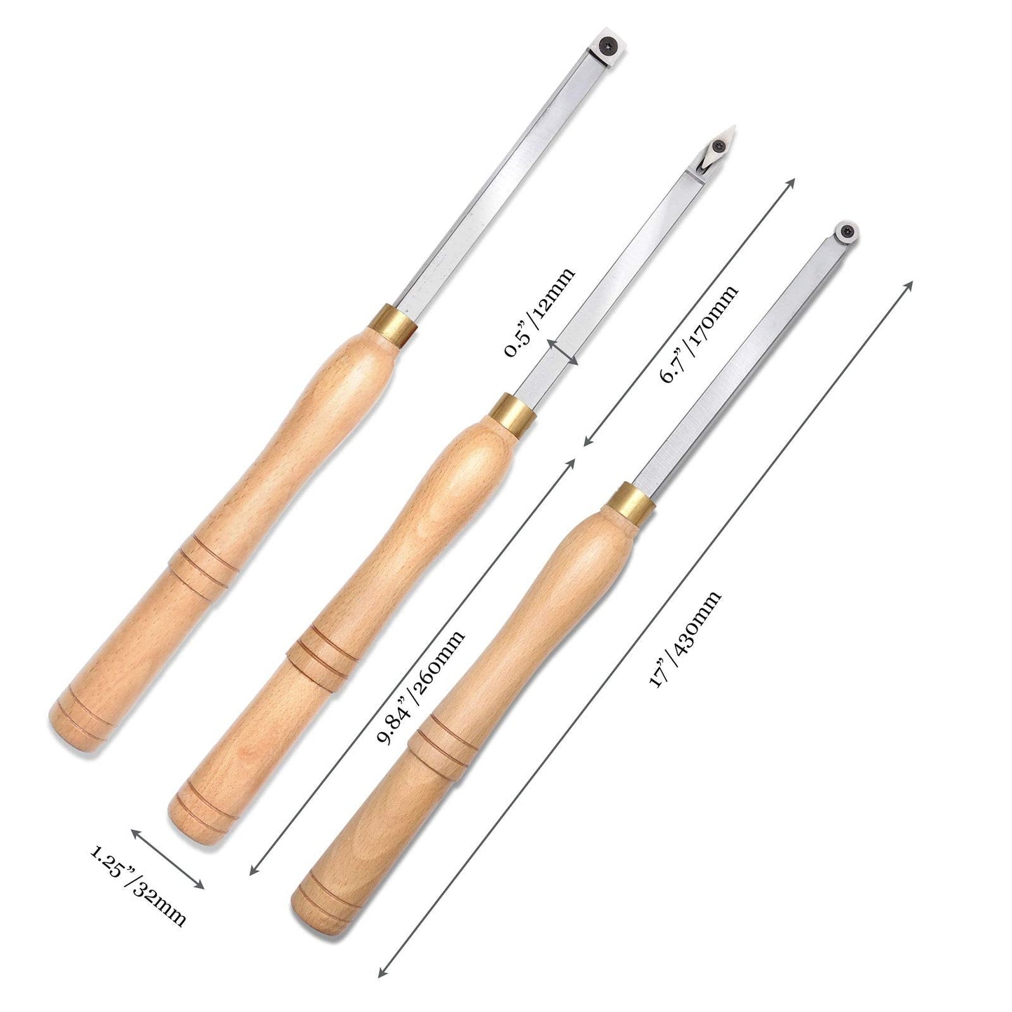 Woodturning Carbide Lathe Tools, 17” Full Size Wood Turning Tool Set of 3 Rougher Detailer Finisher, Includes Replacement Cutter Inserts