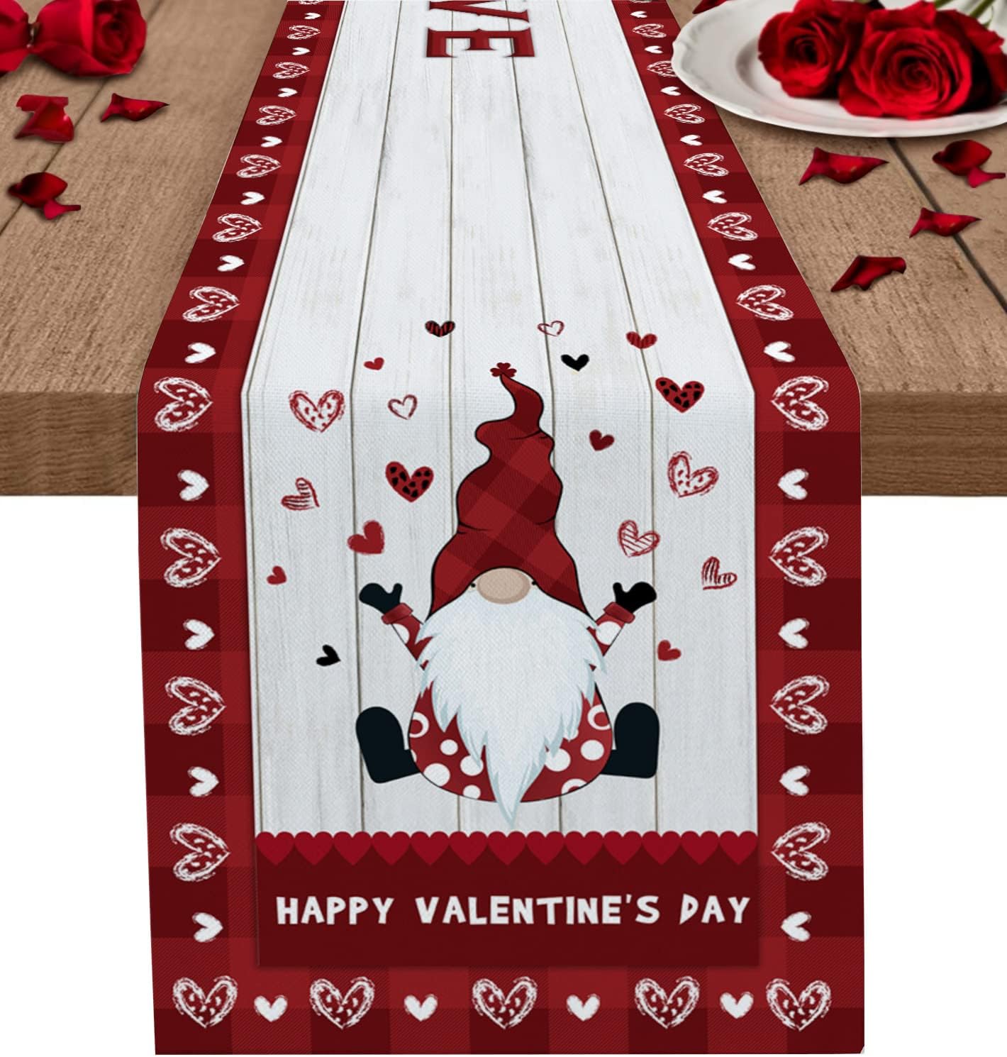Valentine's Day Table Runner 70 Inches Long, Gnomes and Love Hearts on Wood Grain with Red Lattice Border
