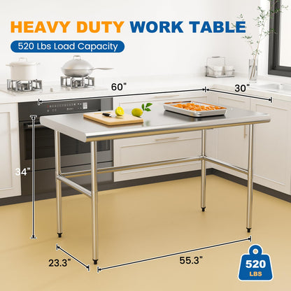 Chingoo Stainless Steel Table Open Base 30x60 Inch, Heavy-Duty Metal Work Table Ideal for Restaurant, Kitchen, Bakery, or Commercial Food Prep
