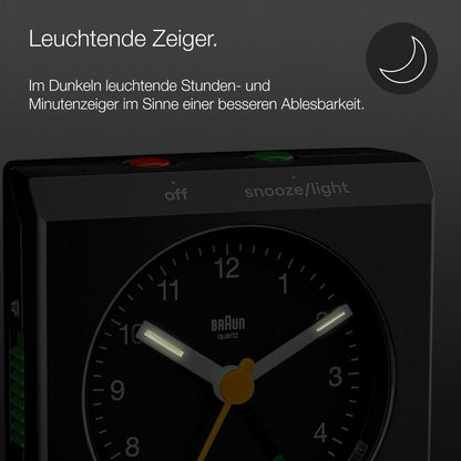 Braun Classic Analogue Travel Alarm Clock with Snooze and Light with Folding Map Lid, Black, BC05B