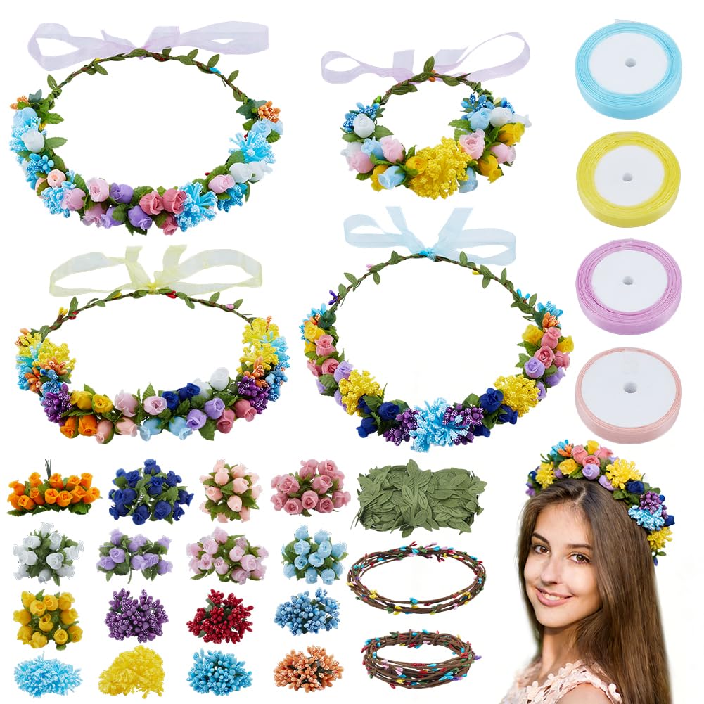 ACRNIGHEET 20 Sets DIY Flower Crown Making Kit, Fairy Party Favors Floral Headband and Bracelet, Make Your Own Crown Garland Kits, Rosebud Flowr Crowns Kit for Princess Women Wedding Birthday Party