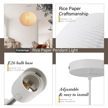 Fivemengo Large Rice Paper Pendant Light Kit, 20in White Globe Paper Lantern Lights, E26 Base, Japanese Hanging Lantern Lamp Japandi Chandelier for Dining Room Bedroom Office Living Room
