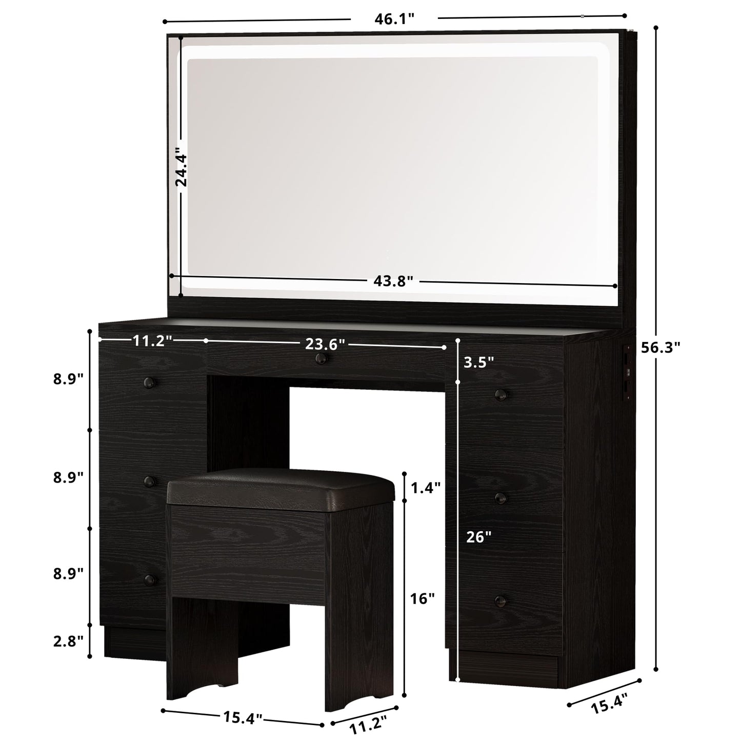 IRONCK Vanity Makeup Desk Set with LED Lighted Mirror & Power Outlet, 7 Drawers Bedroom Vanities Table with Stool,Black