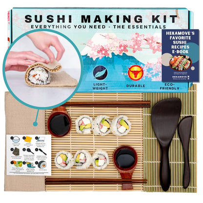 HEKAMOVE No Plastic Premium Sushi Making Kit for Home, for Beginners or Pro Sushi makers. Made of Premium Wood, includes Tea Cloth, Planet-Friendly - the Best Gift and DIY Home Sushi Kit Experience