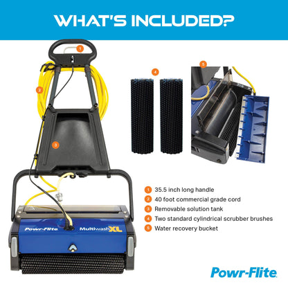 Powr-Flite Multiwash 18 inch Electric Floor Scrubber Machine with Brushes, Commercial Floor Scrubber for Carpet, Tile, VCT, Laminate, Grout, Sports Floor, Concrete and more, PFMW18
