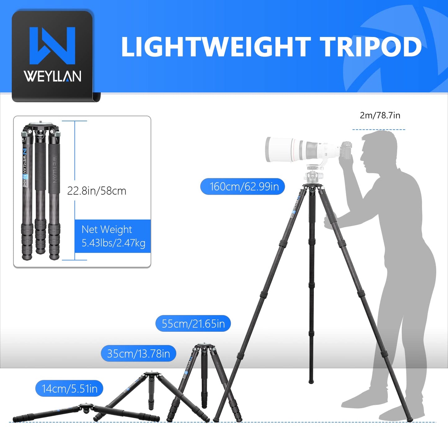 Carbon Fiber Tripod WEYLLAN LX9 Professional Heavy Duty Tripod for Camera, with 75mm Bowl and Adapter, 40mm Leg Tube, 10 Layers Carbon Fibre Bowl Tripods Camera Max Load 88lbs/40kg