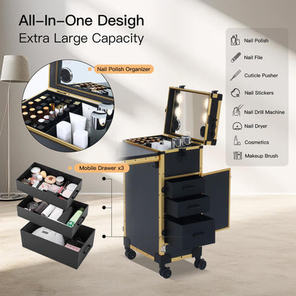 Portable Nail Desk for Nail Tech, Foldable Manicure Table with 3 Drawers & Mirror, Rolling Nail Table with Lockable Train Case, Nail Polish Organizer, Mobile Nail Tech Workstation with Wheels, Golden