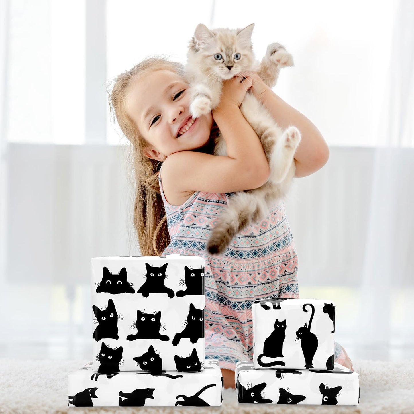 FYSUIMU Black Cat Wrapping Paper -Mini Roll- 17 In x 32.8 Ft Funny Cat Gift Wrap Paper for Holiday Halloween Birthday Party Wrapping Supplies
