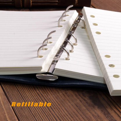 Fishknow A6 Refillable Notebook,Blue Genuine Leather 5x7In 6 Ring Binder Journal for Women Men