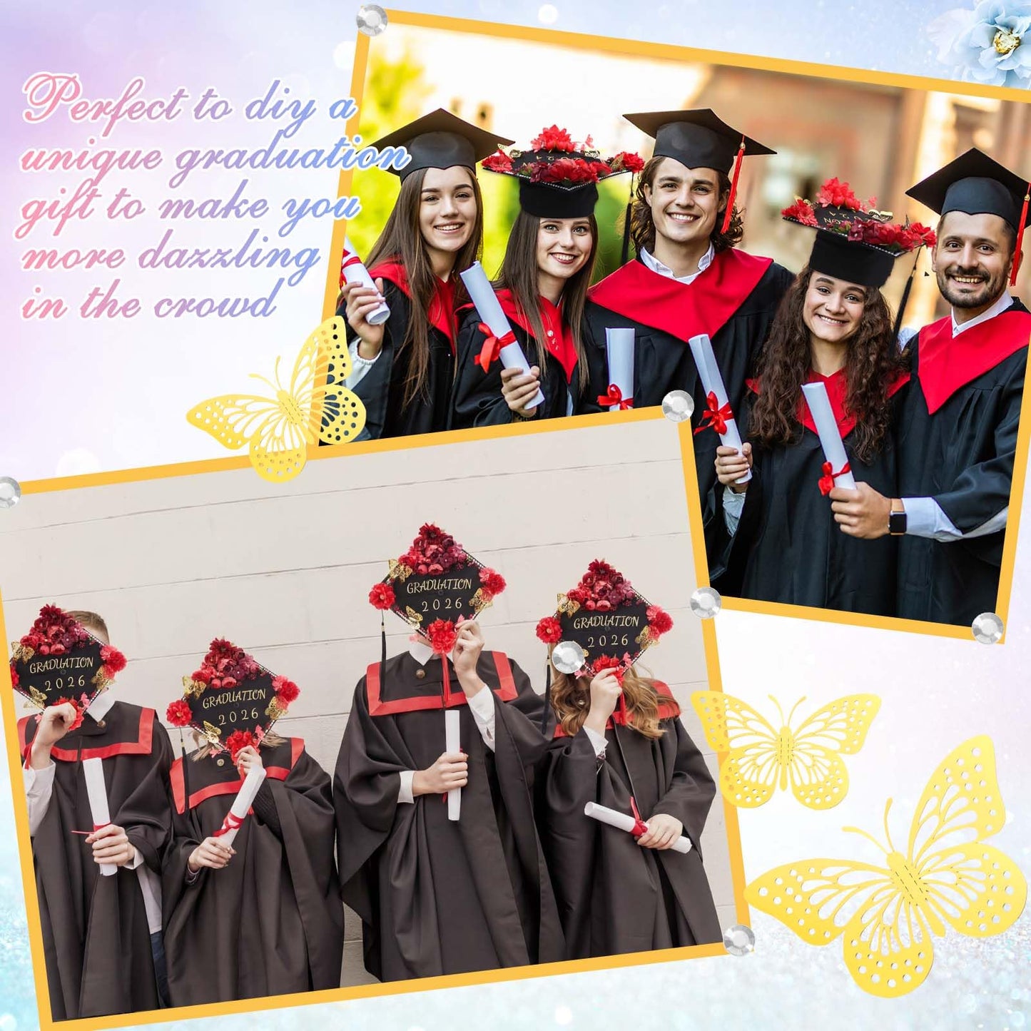 Hoteam DIY Graduation Cap Decorations Kit Included Faux Flowers 3D Butterfly Self Adhesive Rhinestones Glitter Alphabet Letter Stickers for 2026 Grad Cap Topper Party Gifts Decor(Red)