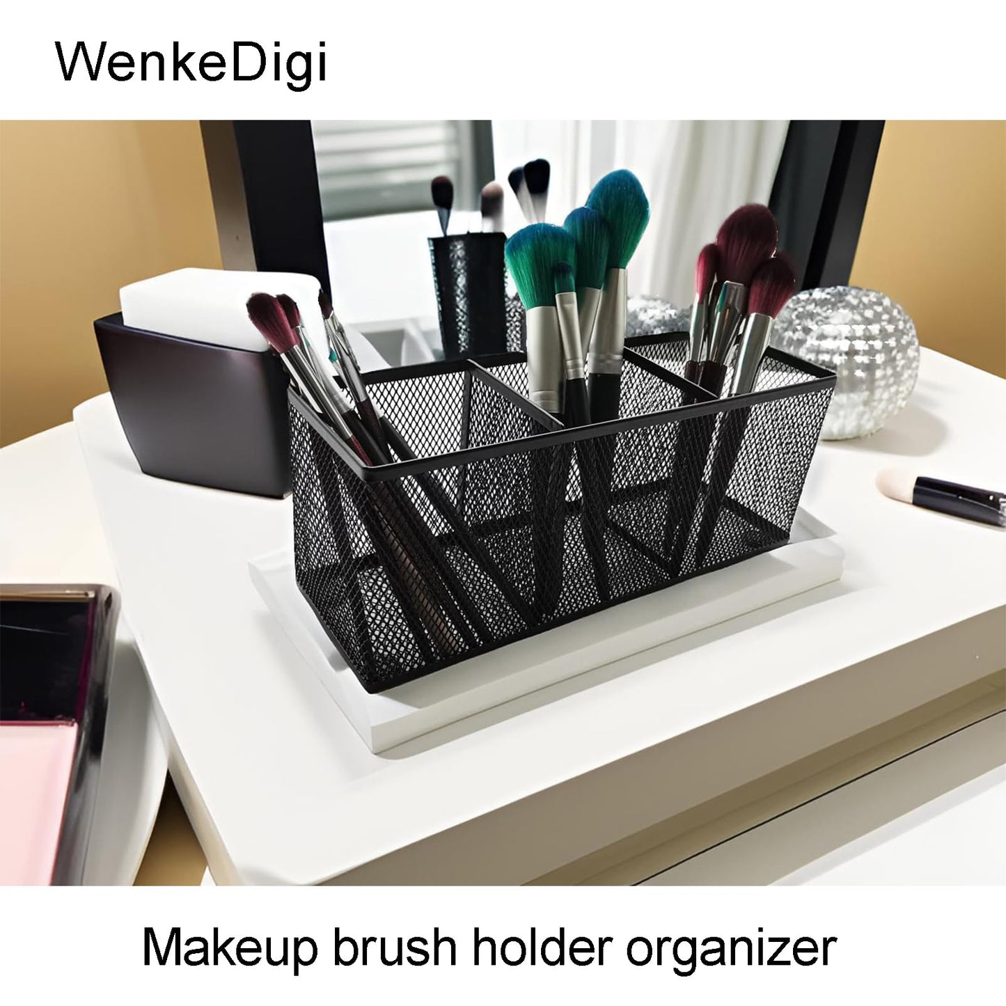 Metal Mesh Pencil Holder, Spacious 3-Compartment Desk Organizer for Pens, Makeup Brushes, Utensils, Multipurpose Office, School ,Kitchen, Home Desktop Storage, 10.43 x 3.35 x 4.04 Inches, Black