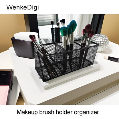Metal Mesh Pencil Holder, Spacious 3-Compartment Desk Organizer for Pens, Makeup Brushes, Utensils, Multipurpose Office, School ,Kitchen, Home Desktop Storage, 10.43 x 3.35 x 4.04 Inches, Black