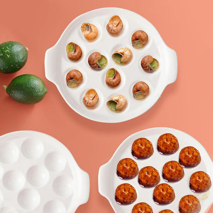 Bamboo's Grocery LoKii 2 Pack Ceramic Escargot Dish, 12 Holes with Handles, White, 9.25 Inches, Snail Dish Diet Plates