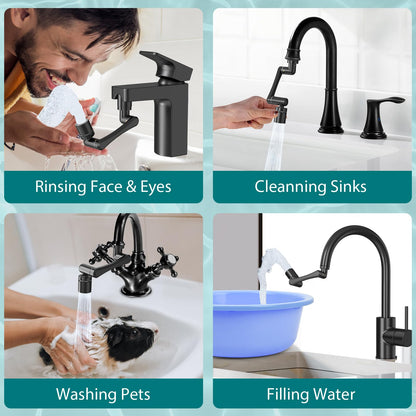 CECEFIN 1440° Rotating-Faucet-Extender Sink Aerator - 1080°+360° Large-Angle Splash Tap Extension with 2 Water Outlet, Swivel Multifunctional Robotic Arm for Kitchen/Bathroom, Black
