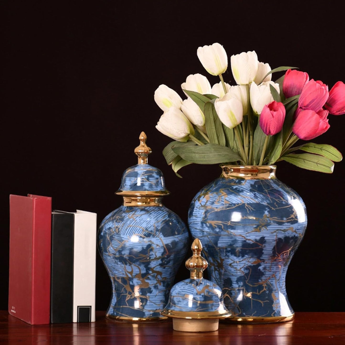 Vases Ginger Jar, Blue Pattern Ceramic Modern Handcraft Vase with Lid, for Home Office Kitchen Party Wedding(48x26cm)