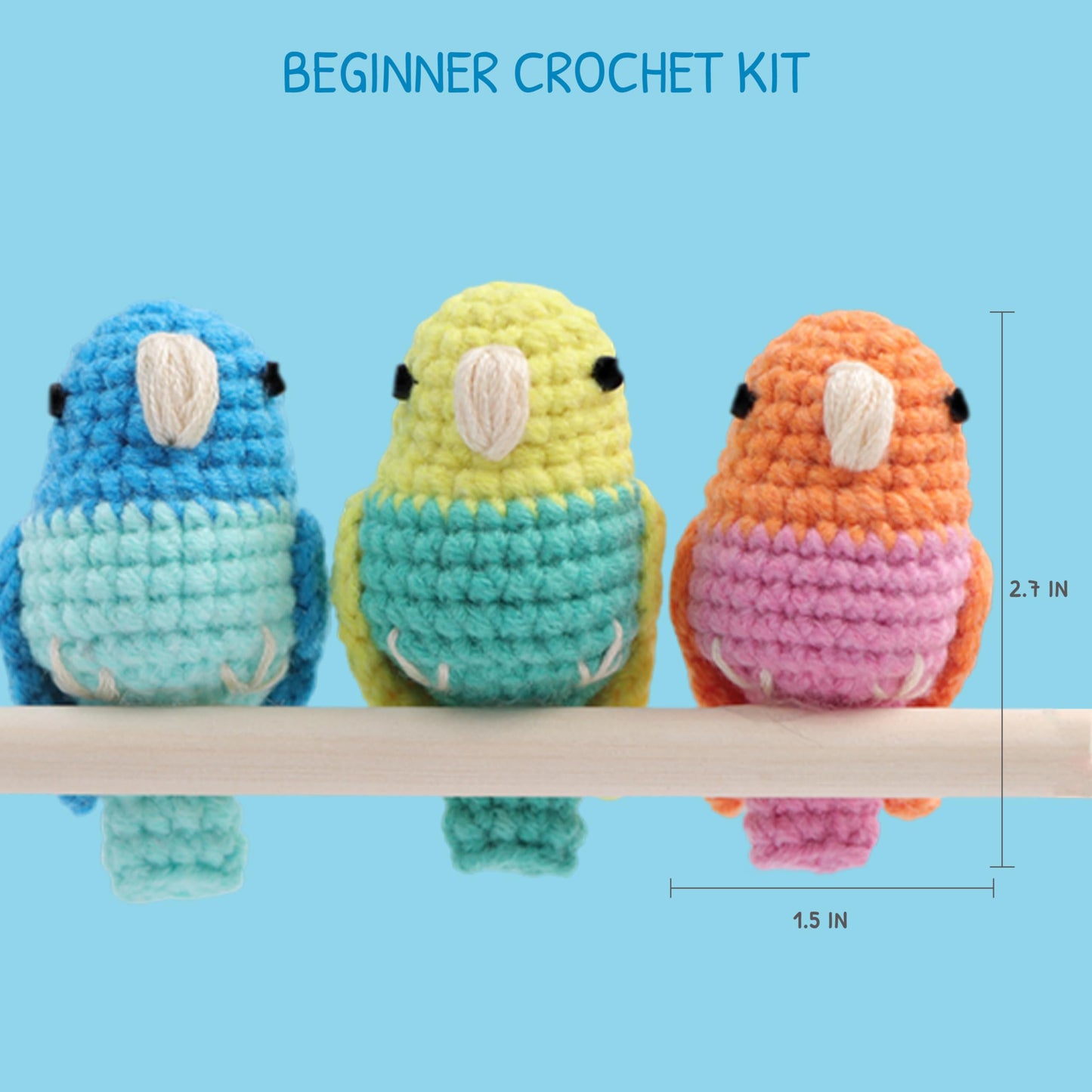 HOUSE CREATIVITY Crochet Kit for Beginners, Make 3 Mini Budgie Birds, Amigurumi Crochet Starter Kit with Step-by-Step Video Tutorial, Yarn, Hook, Eyes & Stuffing, DIY Craft Kit Gift for Adults