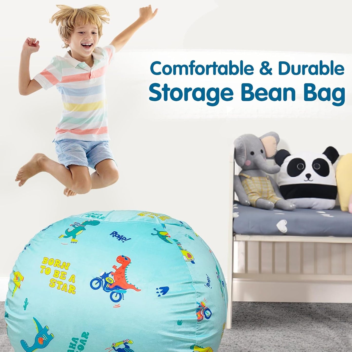 Lukeight Dinosaur Zipper Stuffed Animal Storage Bean Bag Chair Cover for Kids, Organizing Plush Toys (Dino Blue, Large)
