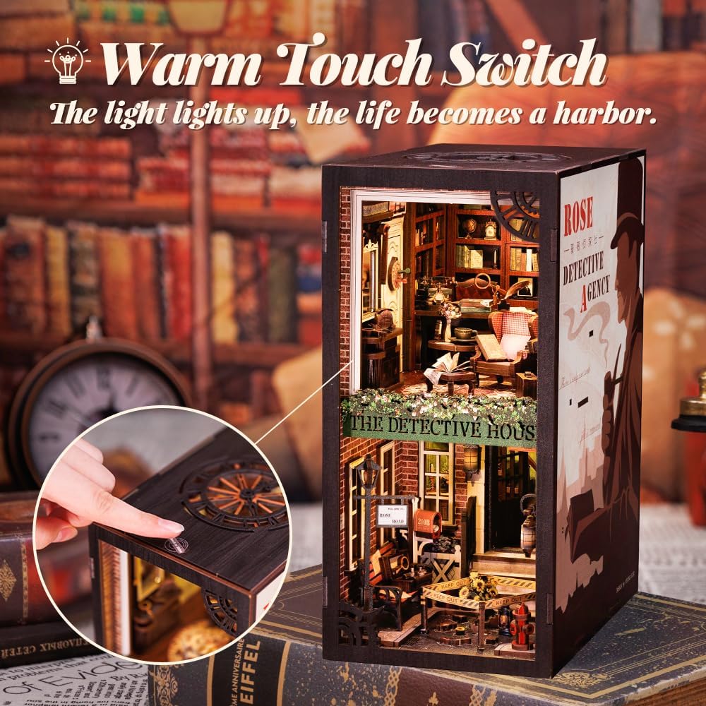 Fsolis Book Nook Kit, 3D Wooden Puzzle for Adult DIY Miniature Kit Decorative Bookend Bookshelf Bookcase Decor Gifts for Women Readers Book Lovers(Rose Detective Agency)