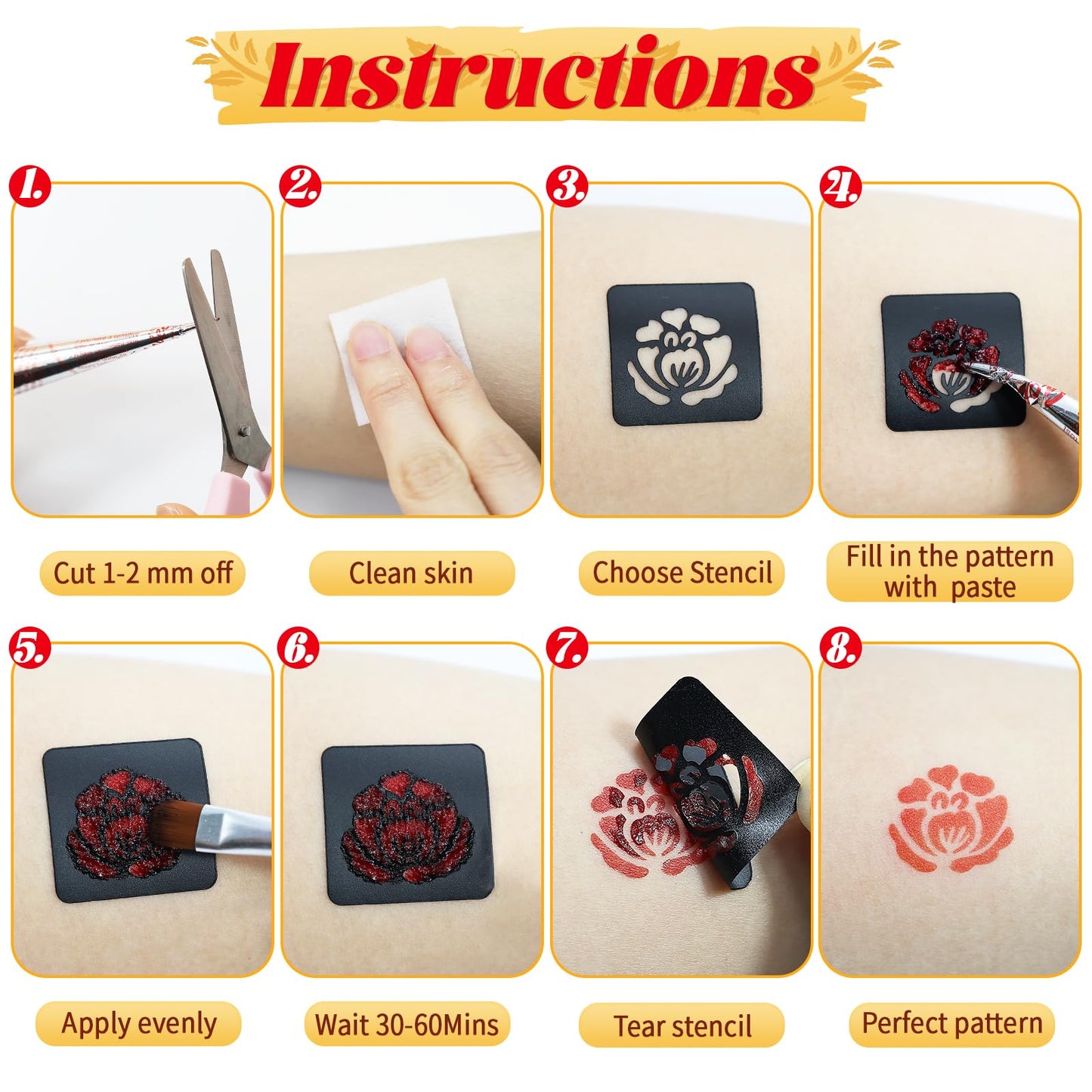 Temporary Tattoo Stencil Kit 10 Sheets (7 Large Hand & Half Arm), 6 Pcs 3 Color Cones (Black/Brown/Cherry Red),Temporary Tattoos for Adults Kids Men Women,DIY Body Art with Stencils