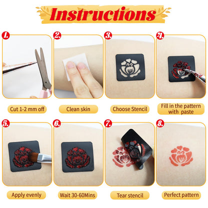 Temporary Tattoo Stencil Kit 10 Sheets (7 Large Hand & Half Arm), 6 Pcs 3 Color Cones (Black/Brown/Cherry Red),Temporary Tattoos for Adults Kids Men Women,DIY Body Art with Stencils