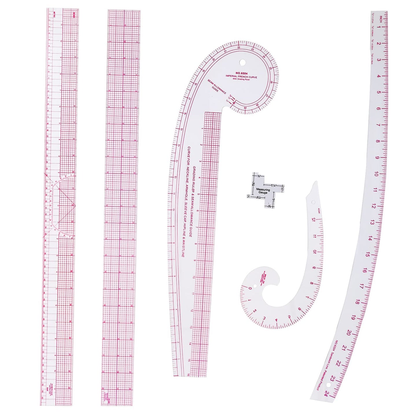 HLZC Imperial Sewing Ruler & French Curves for Pattern Making Drafting, Clear Plastic Fashion Designer Ruler Kit in Inches (6-Piece Set)