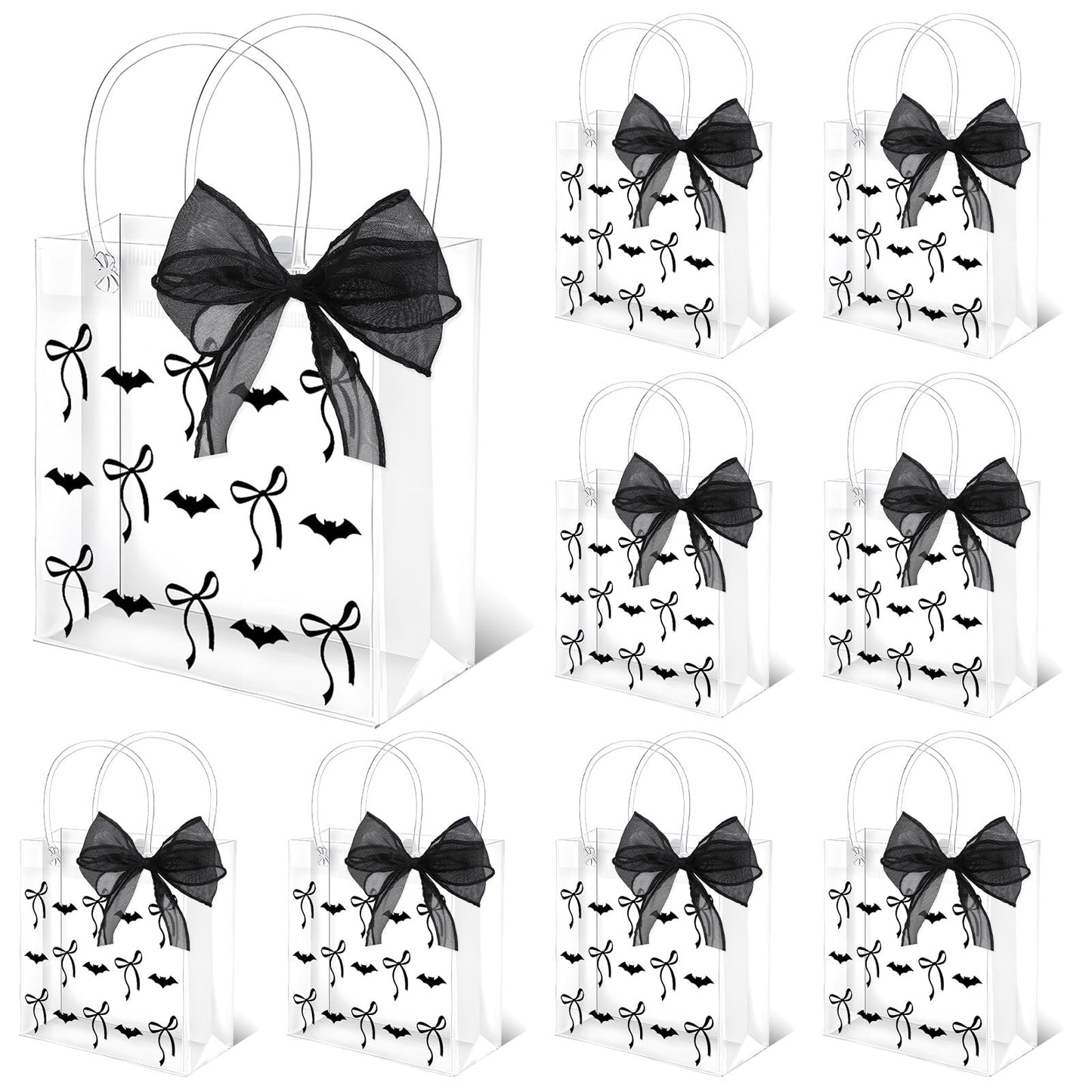 Whaline 12 Pcs Halloween Clear PVC Gift Bags with Handles Ribbon Black Bats Bow Coquette Party Favor Bags Trick or Treat Tote Candy Bag for Holiday Birthday Baby Shower Halloween Party Supplies